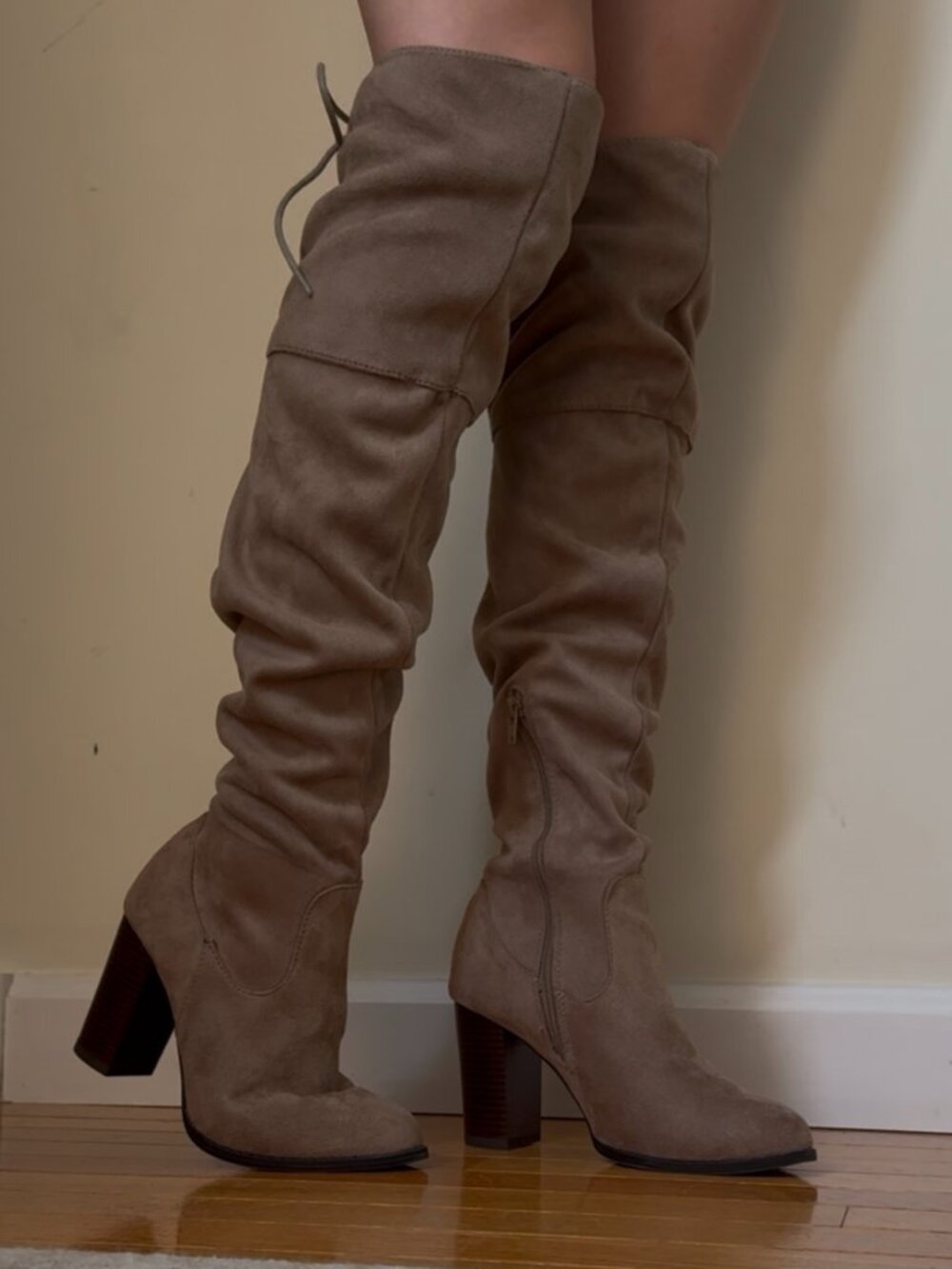 Taupe Slouch Knee-High Block Heel Boots